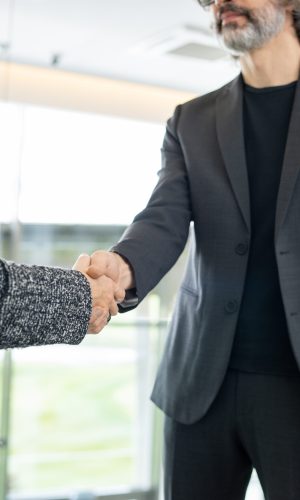 Elegant mature businessman greeting his new colleague or business partner by handshake while standing in front of camera in office